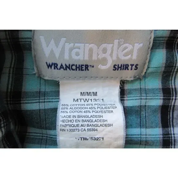 Wrangler Wrancher Western Pearl Snap Aqua/Black Plaid Short Sleeve Shirt Men's M - Picture 4 of 8